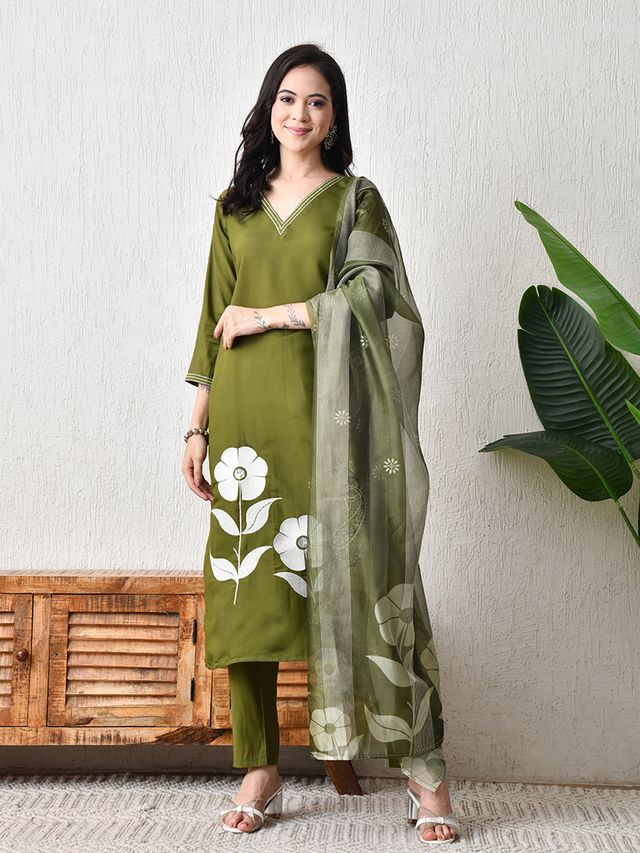 Mahendi Color Roman Silk Fabric Designer Partywear Readymade Suit