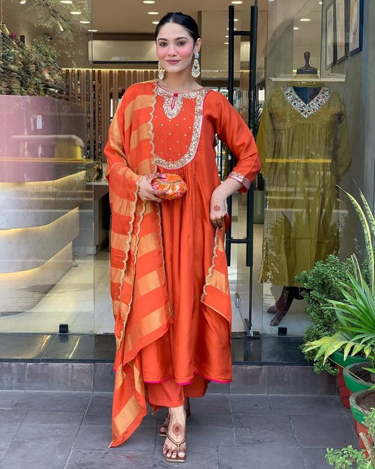Rust Color Ethnic Cotton Silk Fabric Readymade Kurta Set With Dupatta