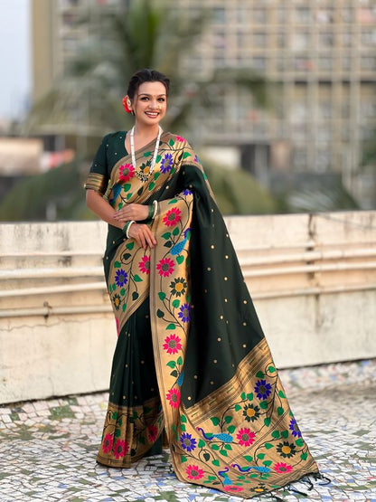Green Color Paithani Silk Fabric Woven Designer Partywear Saree
