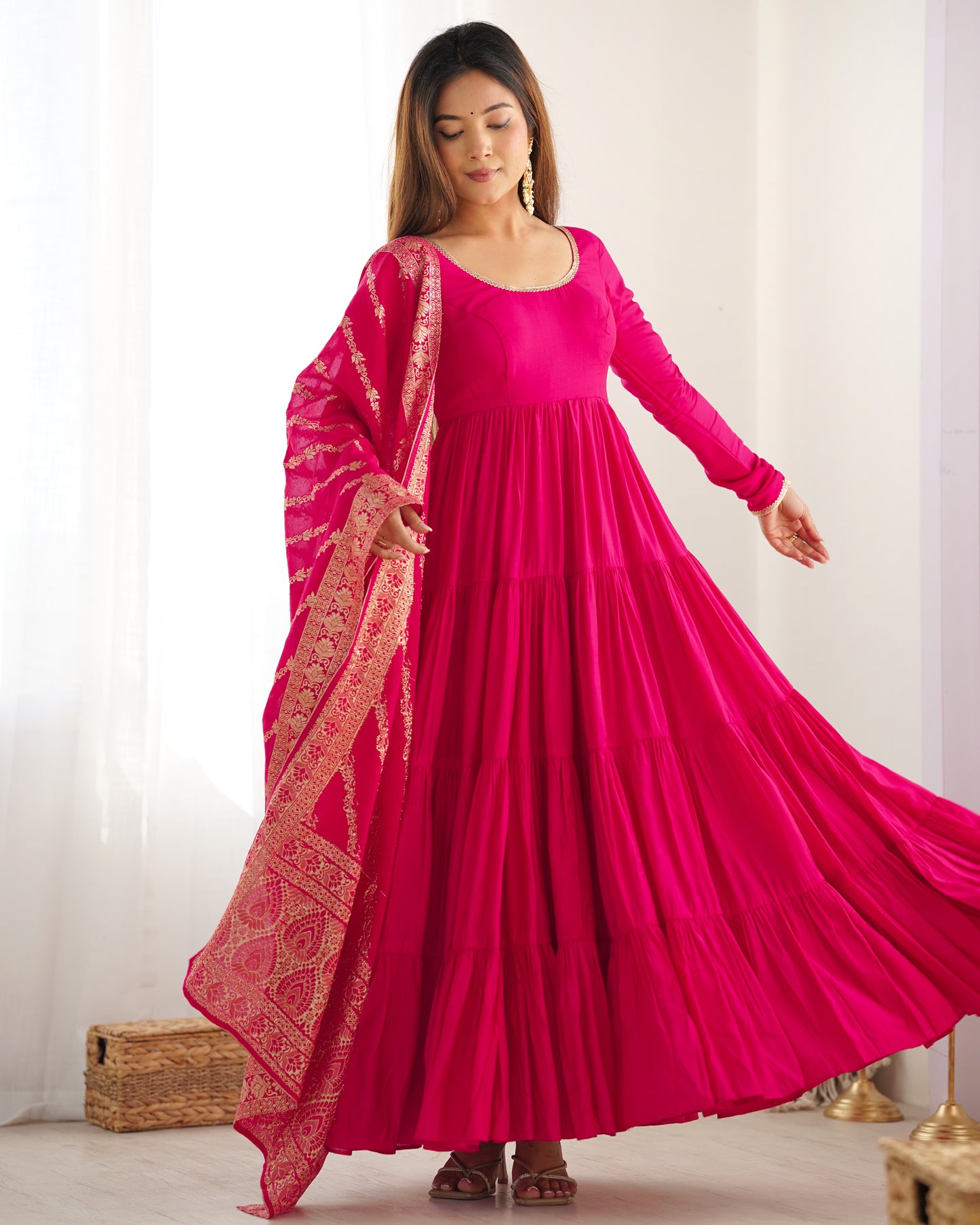 Women's Gorgeous Solid Roman Silk Chanderi Fabric Flared Anarkali Pant and Dupatta Set