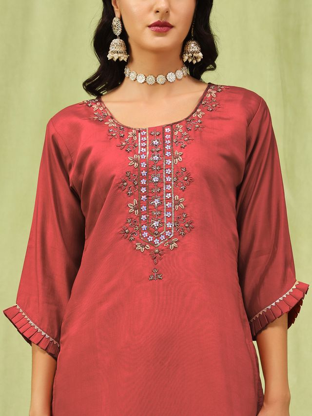 Peach Color Viscose Roman Silk Fabric Designer Embroidery Work Sophisticated Girlie Salwar Kameez