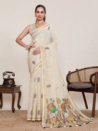 White Color Linen Silk Fabric Ethnic Partywear Saree