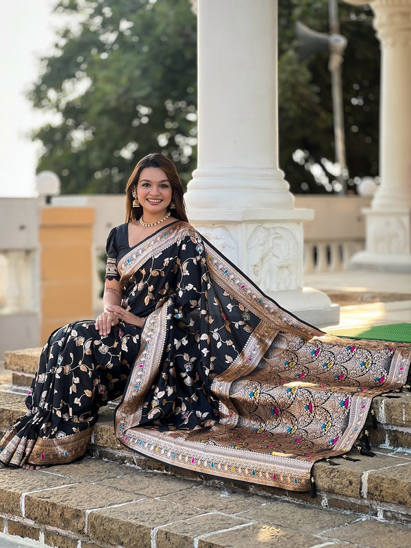 Black Soft Banarasi Silk Meenakari Weaving Saree With Unstitched Blouse