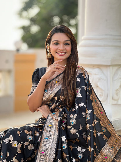 Black Soft Banarasi Silk Meenakari Weaving Saree With Unstitched Blouse