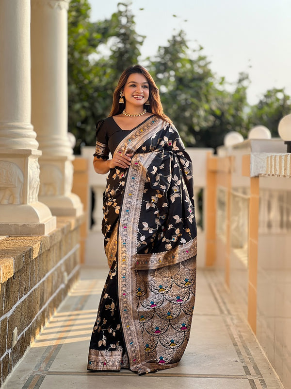 Black Soft Banarasi Silk Meenakari Weaving Saree With Unstitched Blouse