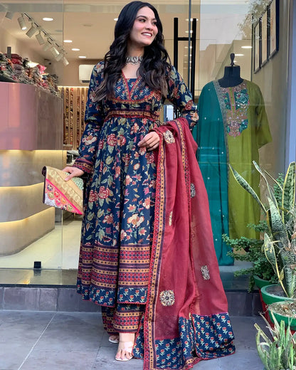 Women's Beautiful Cotton Fabric Printed Work Flared Kurta Palazzo and Dupatta Set