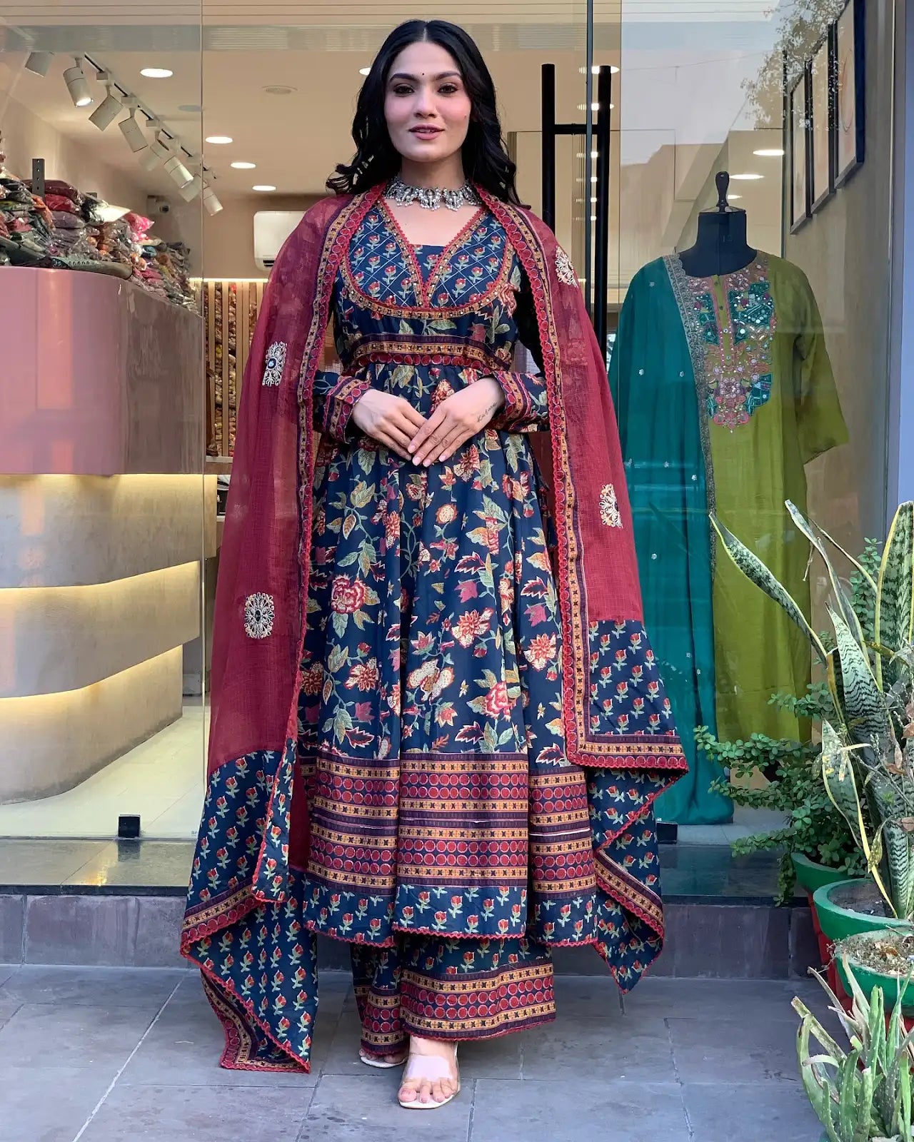 Women's Beautiful Cotton Fabric Printed Work Flared Kurta Palazzo and Dupatta Set