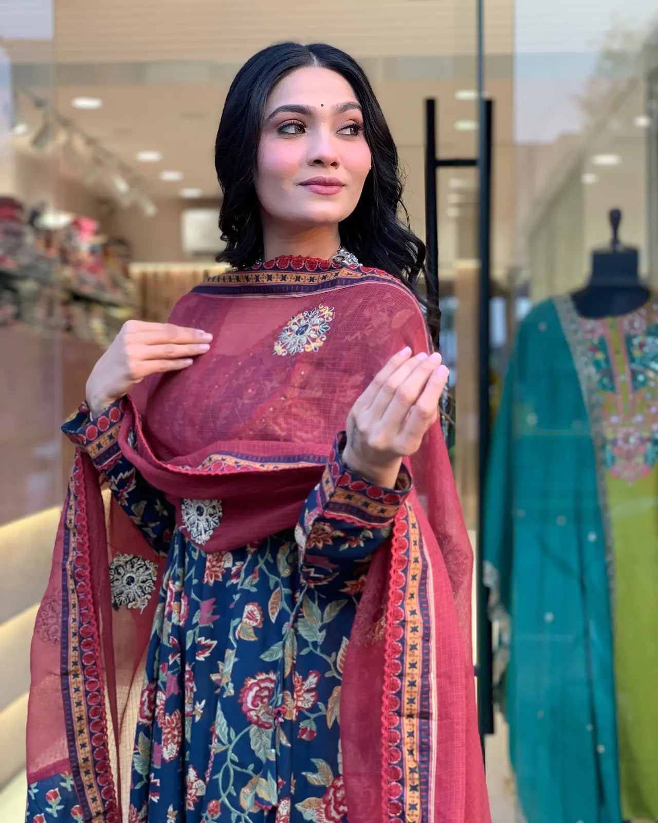 Women's Beautiful Cotton Fabric Printed Work Flared Kurta Palazzo and Dupatta Set