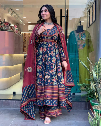 Women's Beautiful Cotton Fabric Printed Work Flared Kurta Palazzo and Dupatta Set