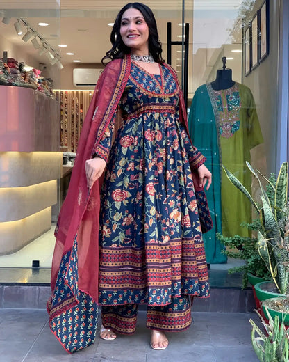 Women's Beautiful Cotton Fabric Printed Work Flared Kurta Palazzo and Dupatta Set