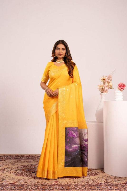 Yellow Color Banarasi Silk Saree For Festive Ethnic Saree