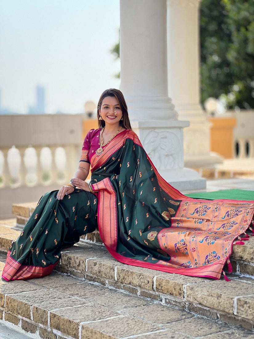 Green Soft Paithani Silk Meenakari Weaving Saree With Unstitched Blouse