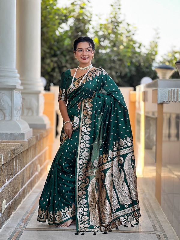 Green Soft Banarasi Silk Meenakari Weaving Saree With Unstitched Blouse