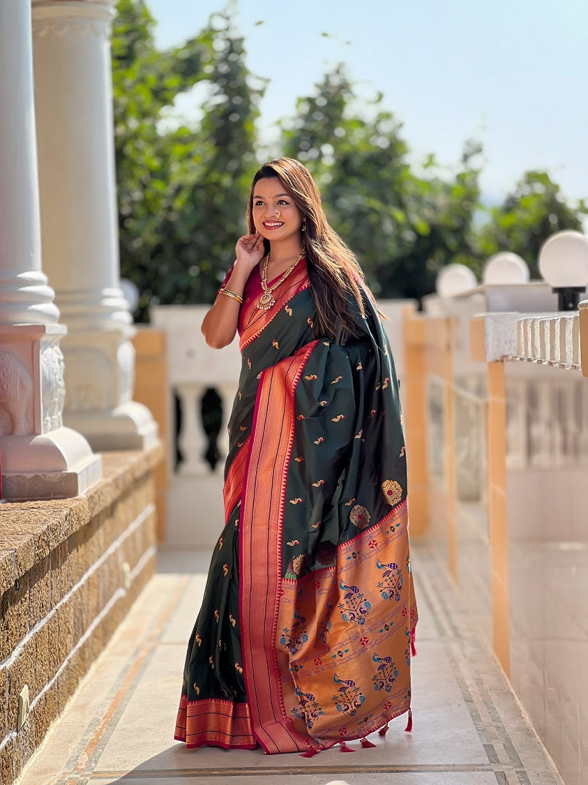 Green Soft Paithani Silk Meenakari Weaving Saree With Unstitched Blouse