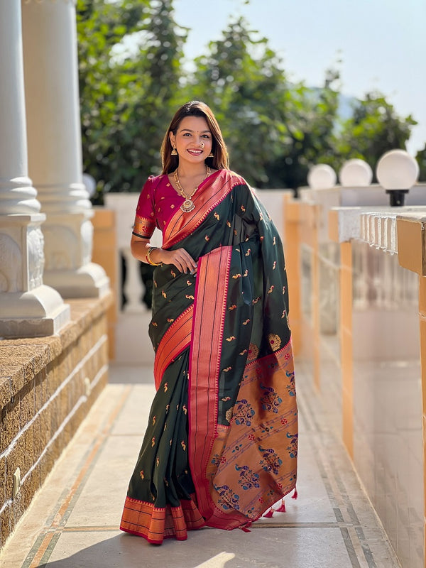 Green Soft Paithani Silk Meenakari Weaving Saree With Unstitched Blouse