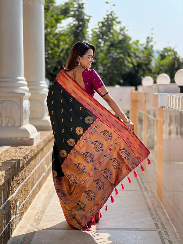 Green Soft Paithani Silk Meenakari Weaving Saree With Unstitched Blouse