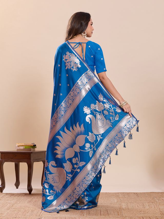Blue Color Soft Silk Fabric Woven Jari Designer Partywear Saree