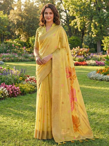 Yellow Color Linen Cotton Fabric Woven Designer Partywear Saree