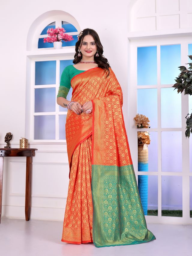 Rust Color Art Silk Fabric Woven Designer Traditional Rich Saree