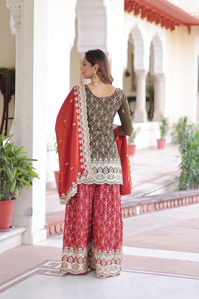 Brown Color Vichitra Silk Fabric Classy Sequins Embroidered Partywear Readymade Suit With Dupatta