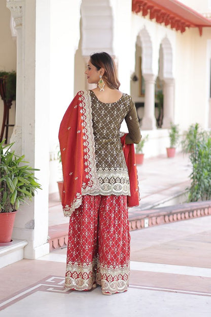 Brown Color Vichitra Silk Fabric Classy Sequins Embroidered Partywear Readymade Suit With Dupatta