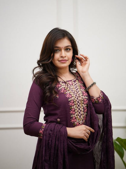 Wine Color Rayon Slub Fabric Beautiful Festive Wear Salwar Kameez