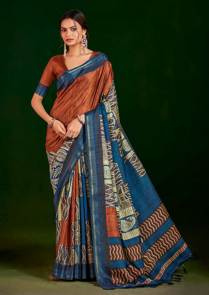 Rust Color Gathan Silk Fabric Designer Digital Printed Partywear Saree