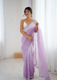 Lavender Color Chiffon Crush Fabric Beautiful Sophisticated Work Ceremonial Saree