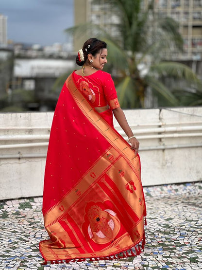 Red Color Soft Silk Fabric Woven Paithani Designer Cultural Rich Saree