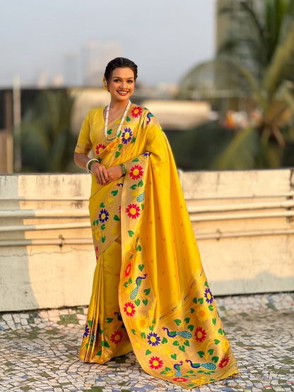 Yellow Color Paithani Silk Fabric Woven Designer Partywear Saree