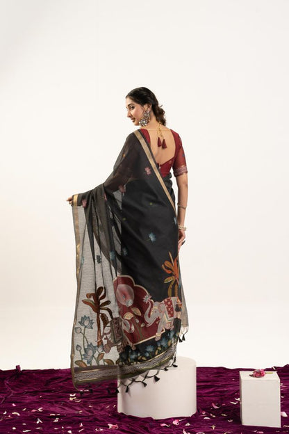 Black Color Muga Cotton Fabric Rajwadi Weaving Designer Ethnic Classic Saree