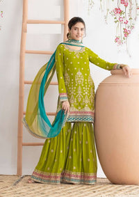 Green Color Graceful Embroidered Chinon Fabric Sharara Dress