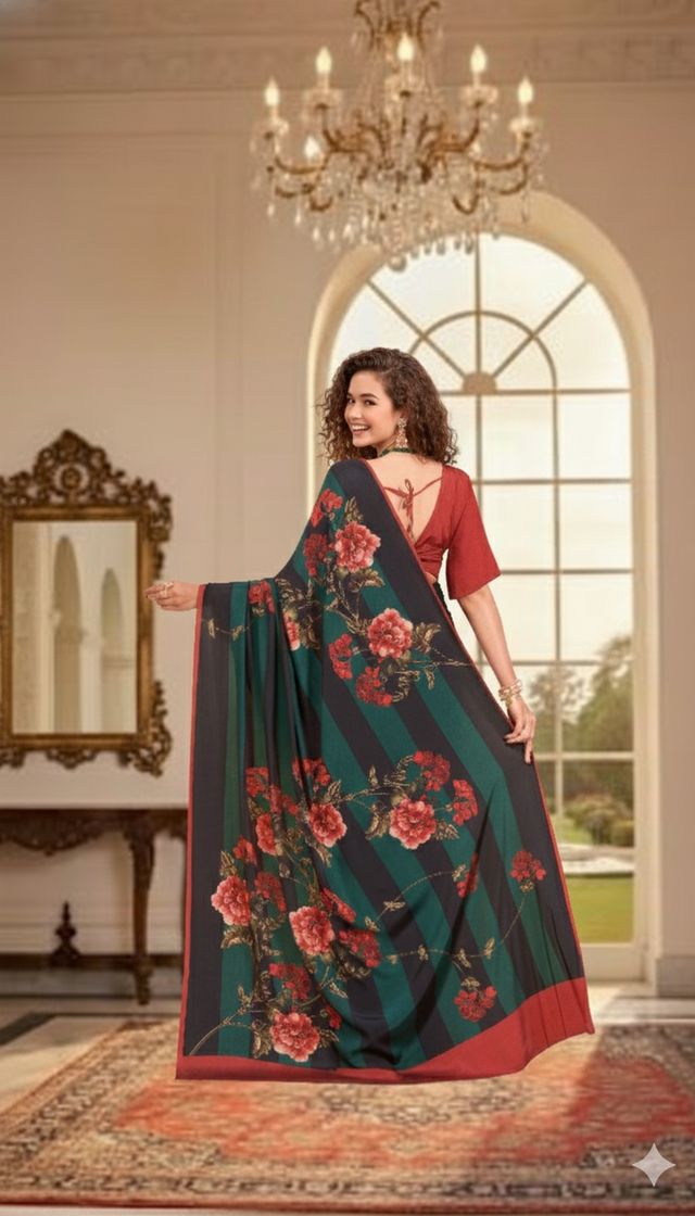 Green Color Deisgner Printed Crepe Silk Saree for Ceremonial Presence