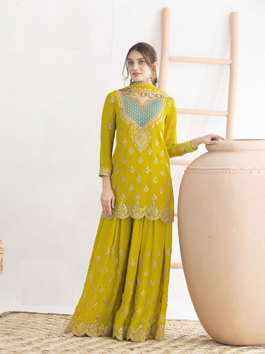 Yellow Color Chinon Fabric Designer Embroidered Graceful Palazzo Dress
