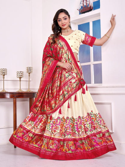 Beige patola print dola silk semi stitched lehenga choli with tassels