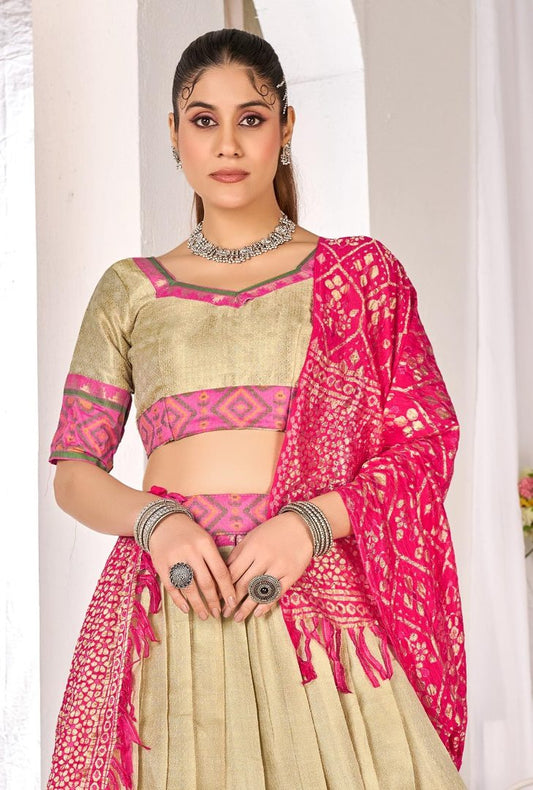 Beige weaving work silk semi stitched lehenga choli