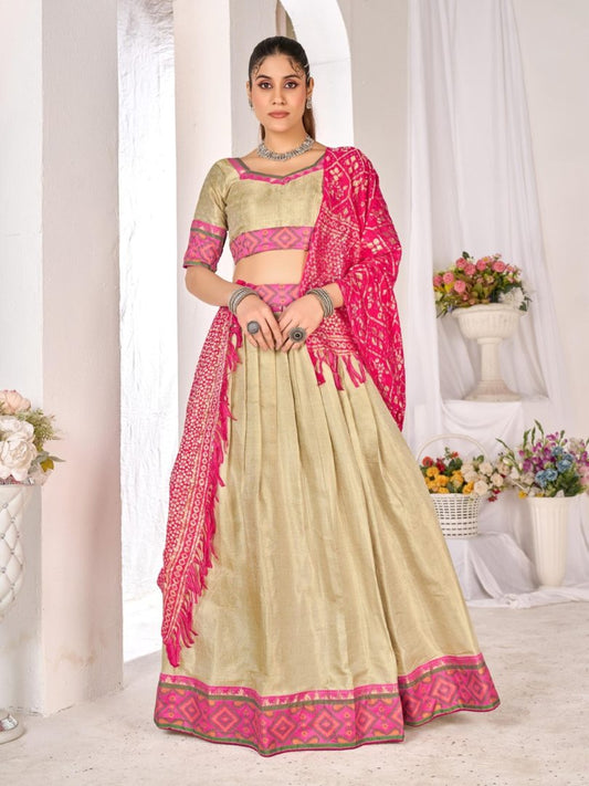 Beige weaving work silk semi stitched lehenga choli