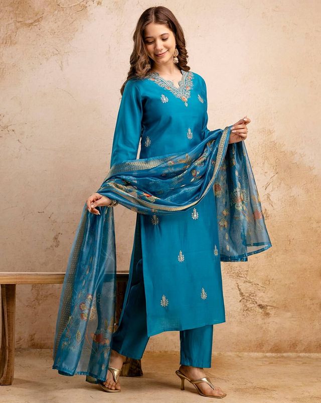 Sky Blue Color Ethnic Silk Blend Fabric Readymade Kurta Set With Dupatta