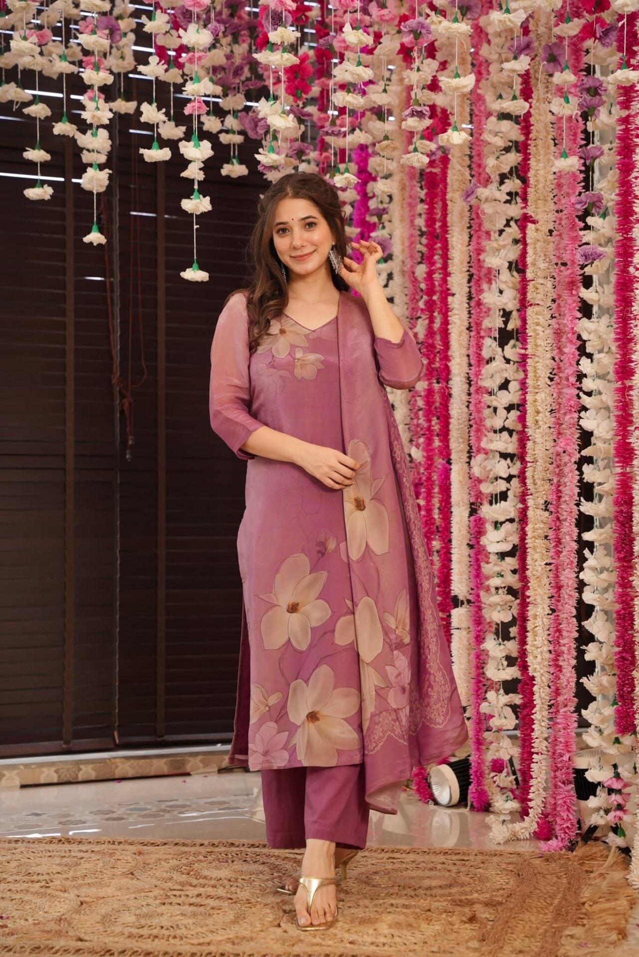 Gorgeous Floral Printed Zarna Silk Fabric Straight Kurta Pant with Dupatta Set