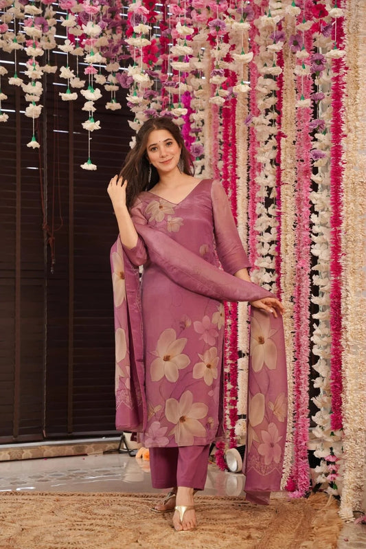 Gorgeous Floral Printed Zarna Silk Fabric Straight Kurta Pant with Dupatta Set