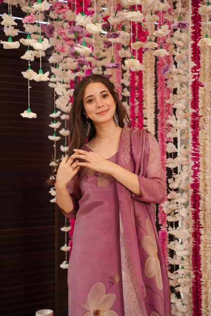 Gorgeous Floral Printed Zarna Silk Fabric Straight Kurta Pant with Dupatta Set