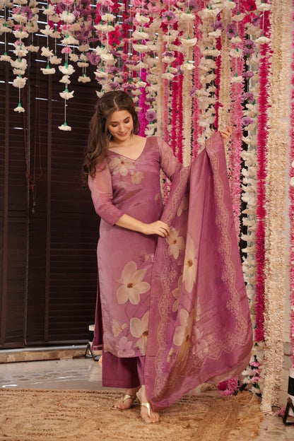 Gorgeous Floral Printed Zarna Silk Fabric Straight Kurta Pant with Dupatta Set