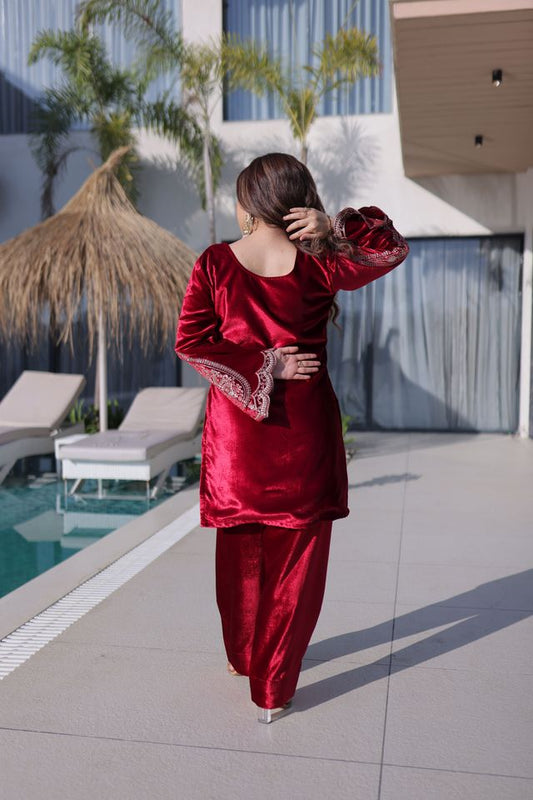 Red Color Ice Velvet Fabric Ethnic Heavy Embroidered Ceremonial Suit With Dupatta