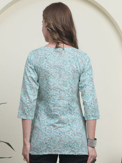 Teal Color Cambric Cotton Fabric Designer Printed Formal Short Kurta