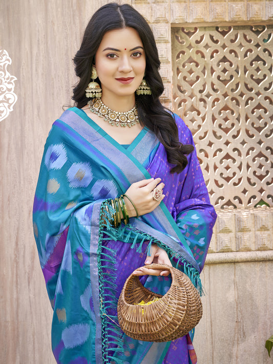 Blue Pochampalli Silk Saree with Floral Printed Work with Blouse
