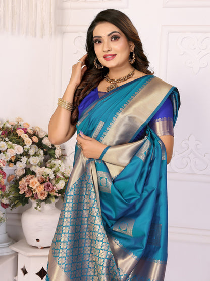 Blue Soft Silk With Zari Weaving Borders Saree With Blouse