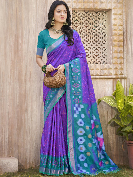 Blue Pochampalli Silk Saree with Floral Printed Work with Blouse
