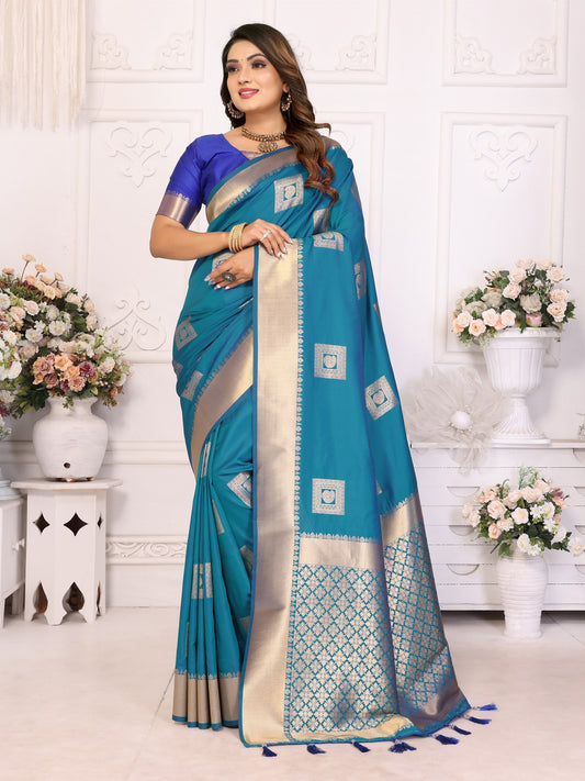 Blue Soft Silk With Zari Weaving Borders Saree With Blouse