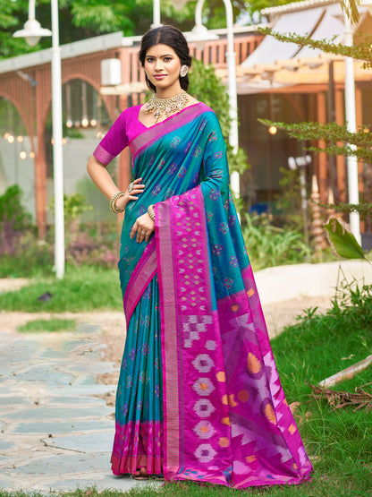 Blue Soft Silk Saree with Floral Printed Work with Blouse