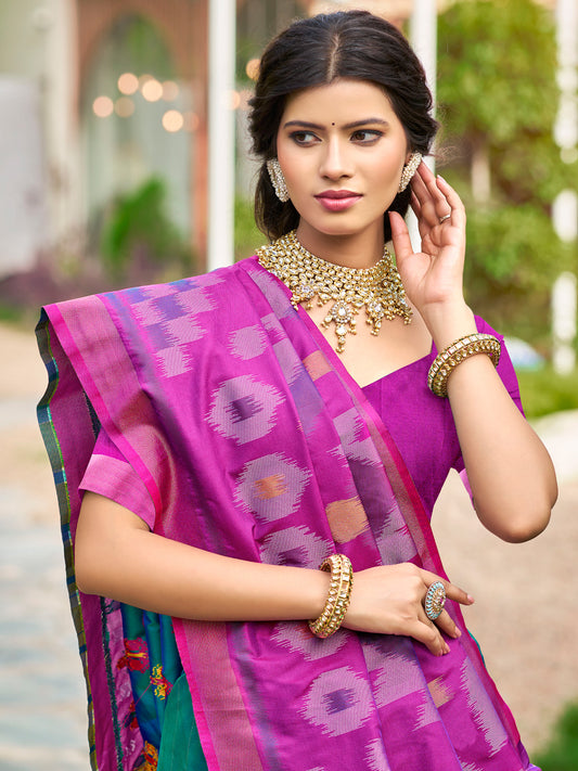 Blue Soft Silk Saree with Floral Printed Work with Blouse